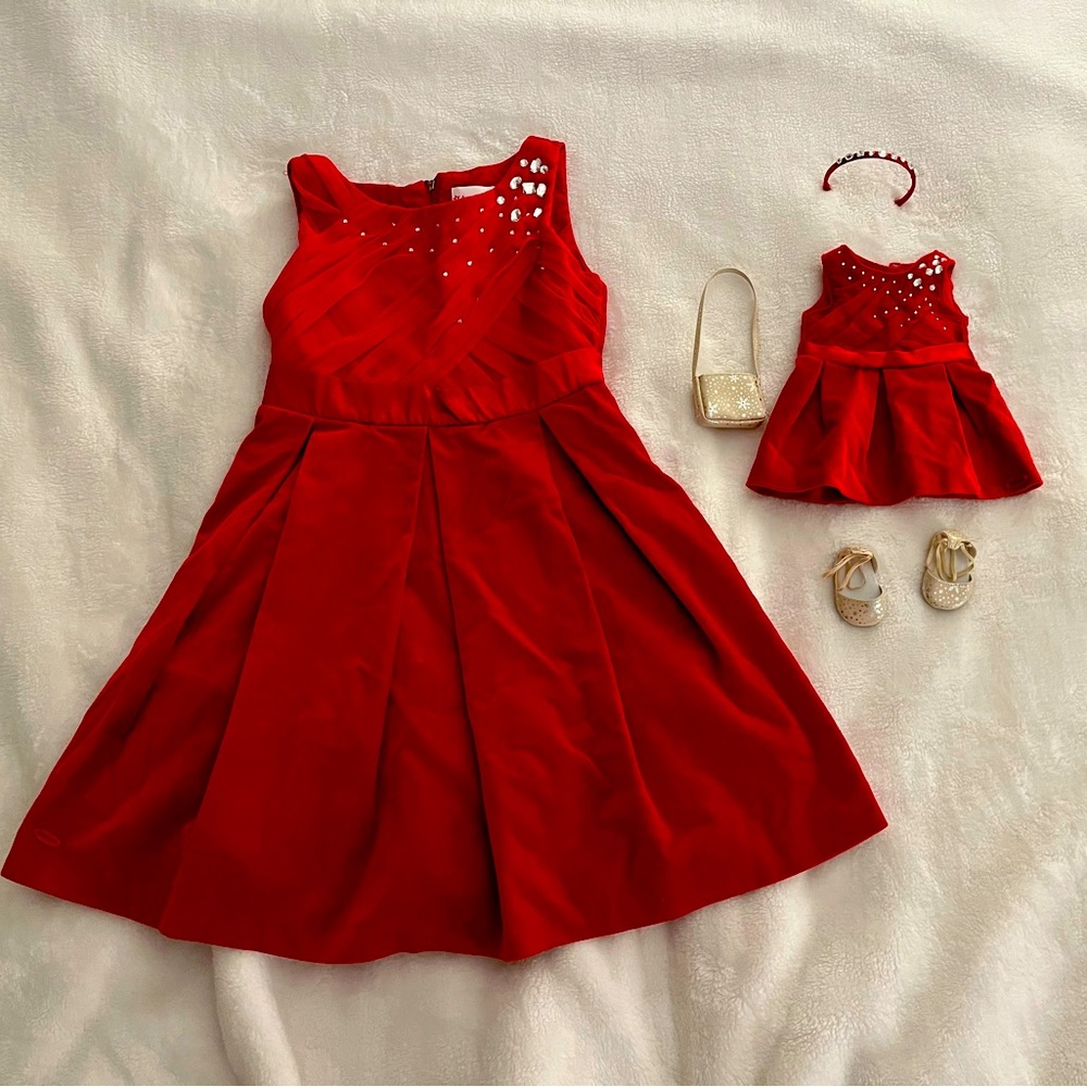 American Girl red Holiday dress size 8 + matching dress & accessories for doll.